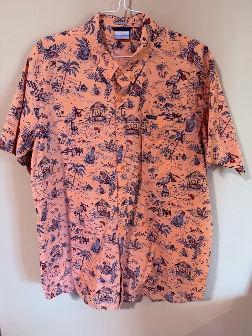 Columbia Men’s Short-Sleeve Coral Hawaiian Print Button-Up Shirt Men’s XXL Tall